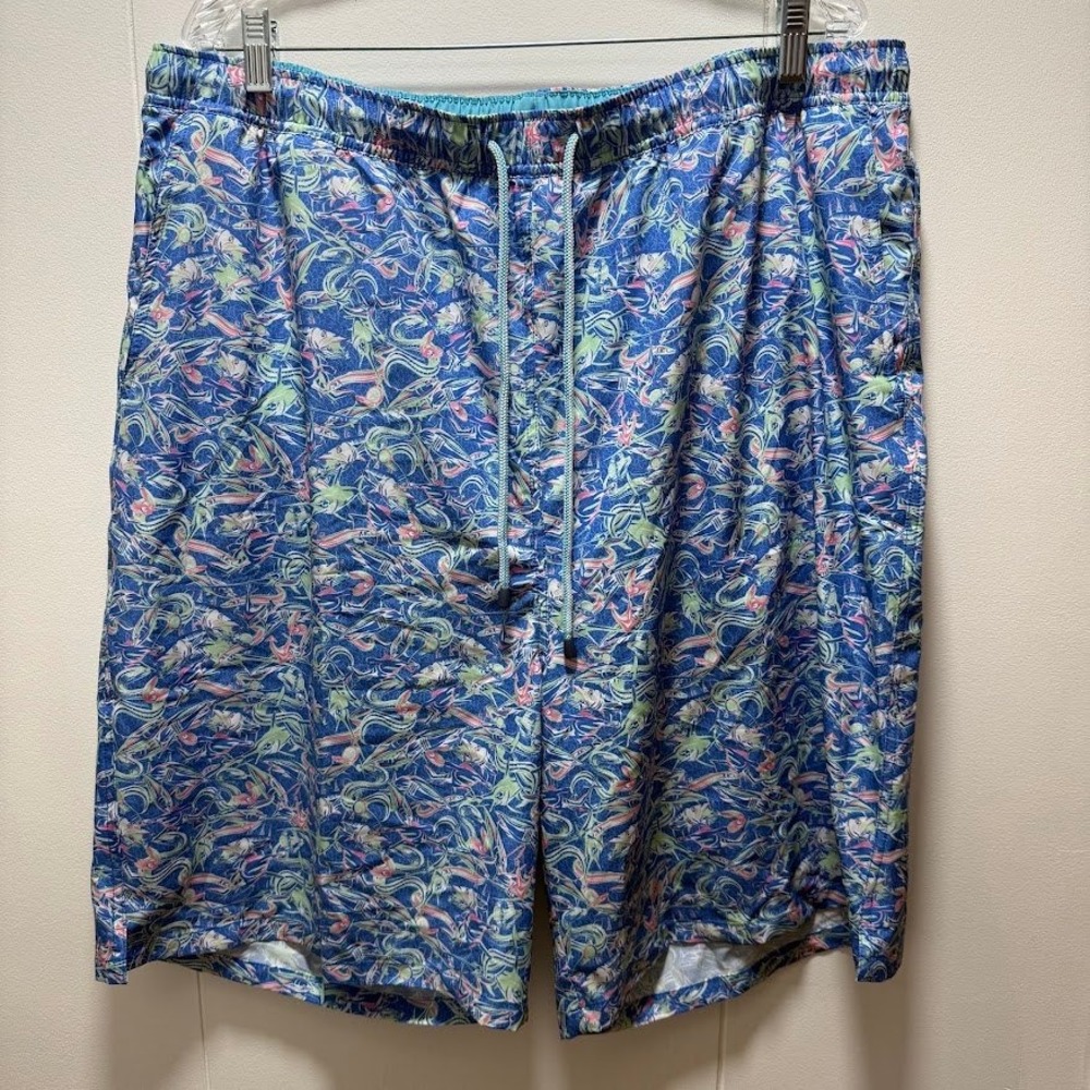 Peter Millar Crown Sport Mens Blue Fish Print Swim Trunks Shorts XLT